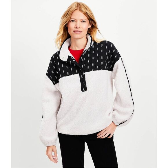620. LOFT quarter zip oversized Snowflake Cozy Sherpa Mixed Media Sweatshirt - Picture 1 of 13